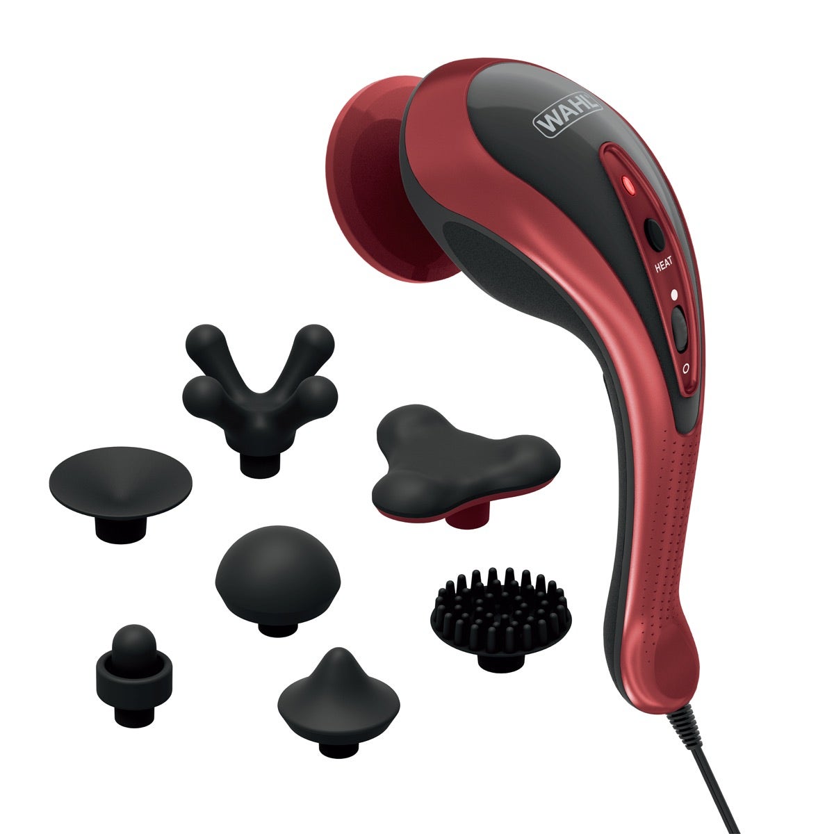 Wahl Deluxe Heat Therapy Corded Massager in metallic red and matte charcoal with eight interchangeable attachment heads arrayed beside the unit