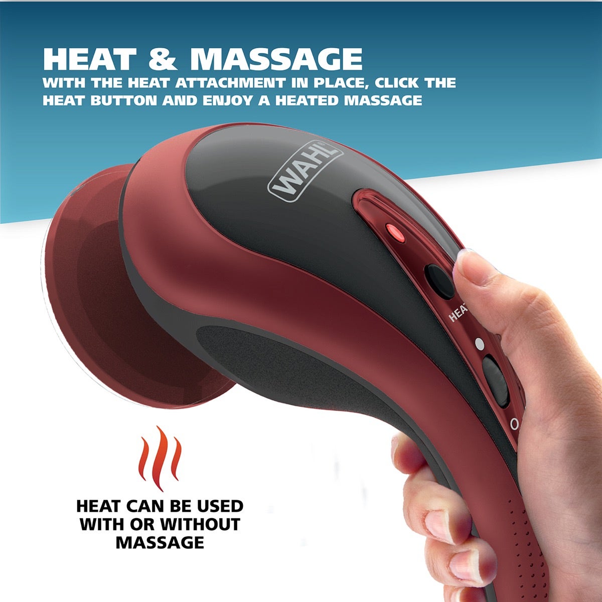 Hand operating massager with heat button engaged