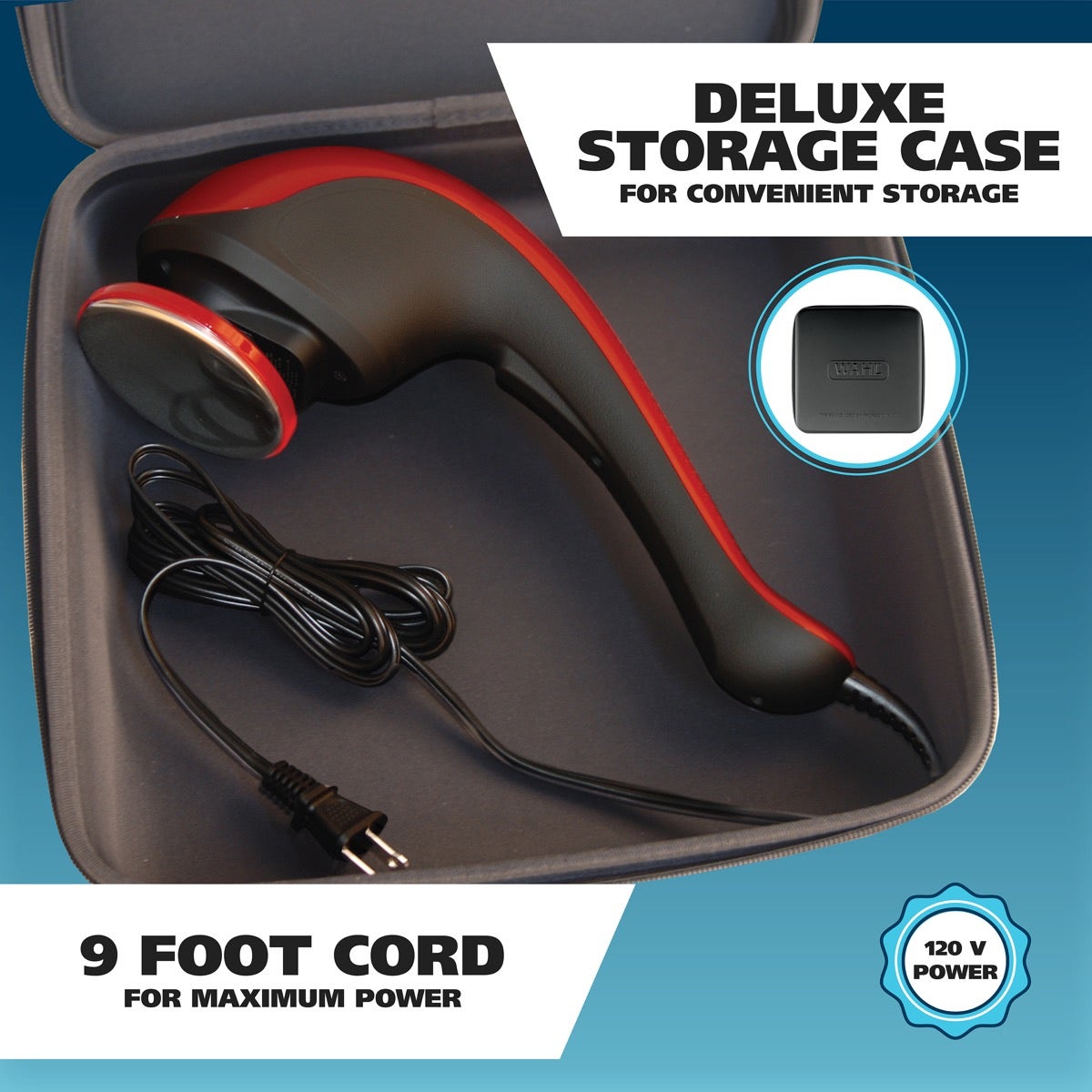 Massager nestled in zippered storage case alongside nine-foot 120V cord