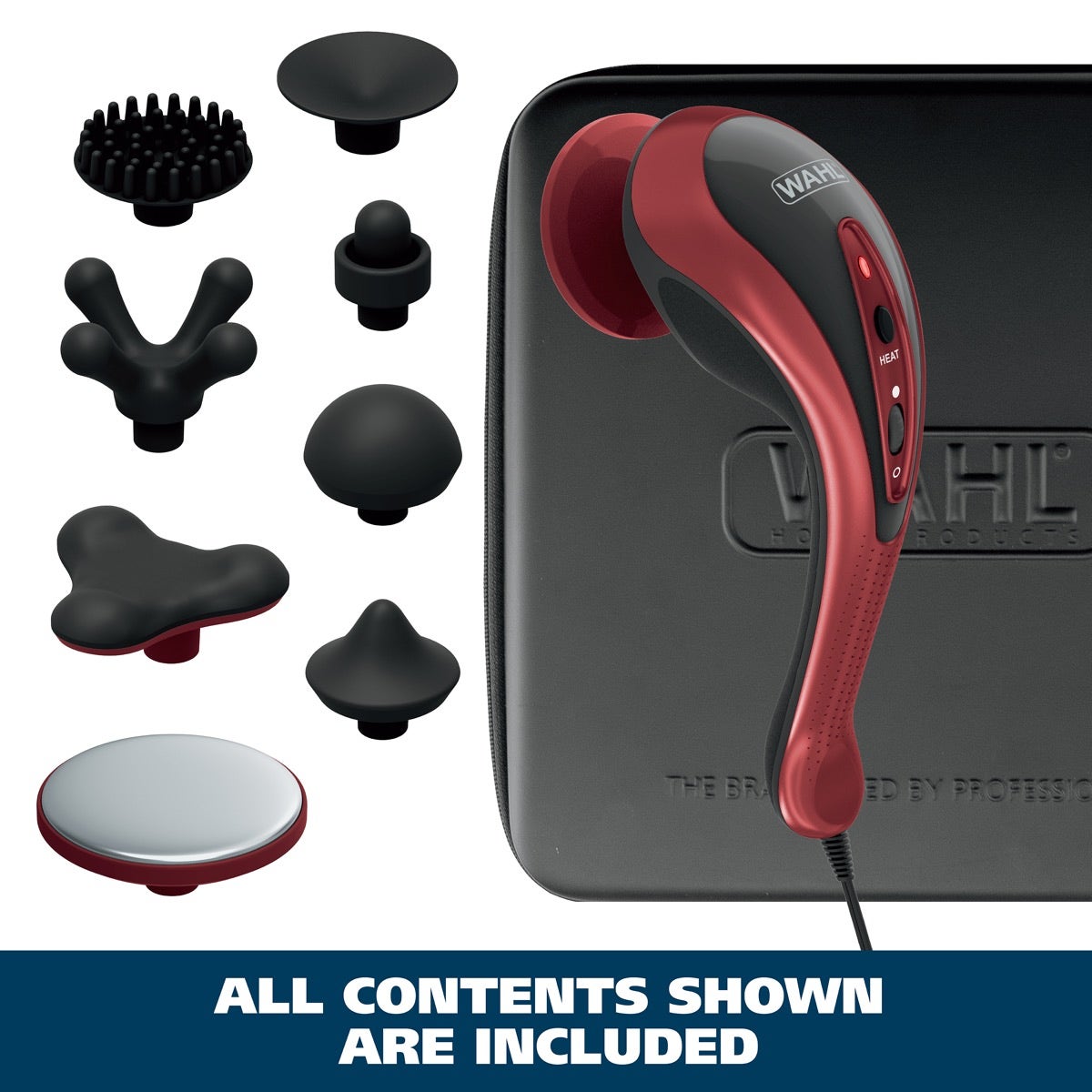 Complete kit overview showing massager, travel case, and all eight heads